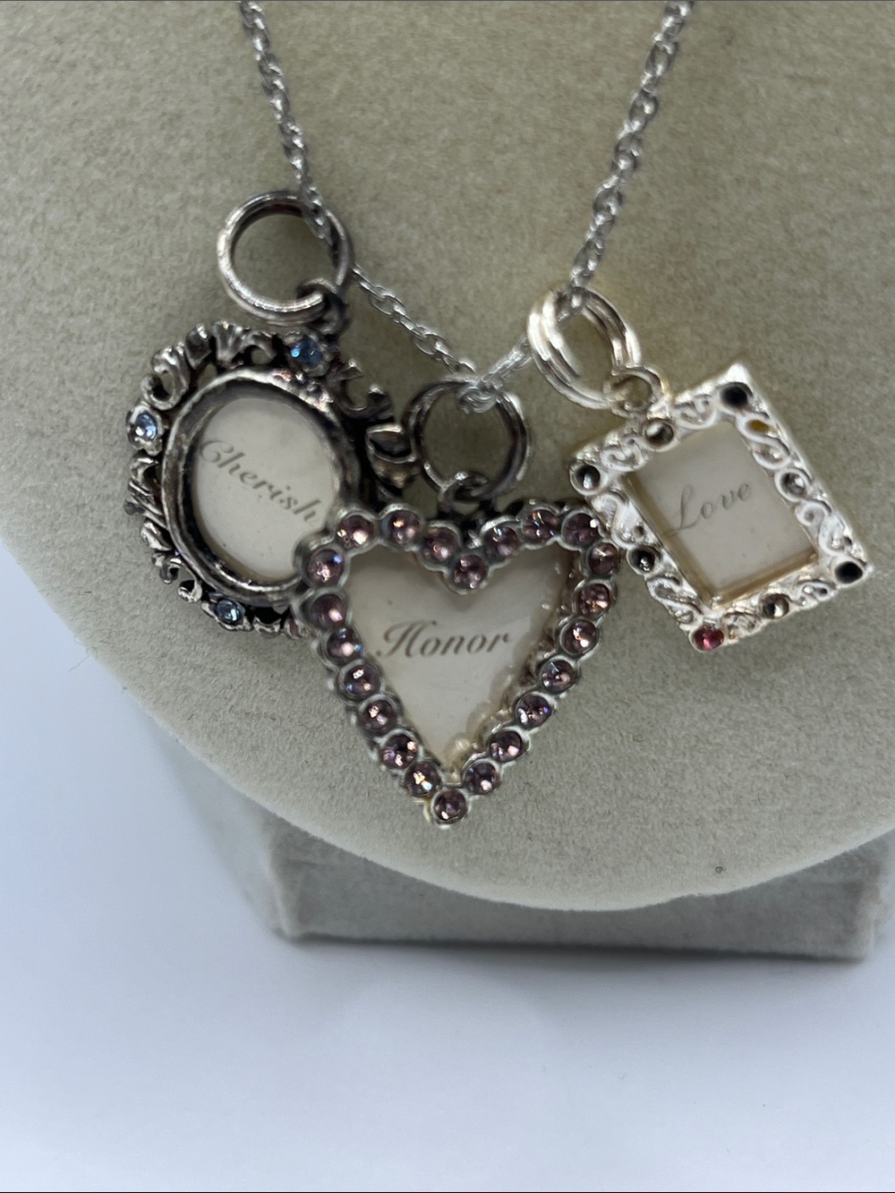 Heart & Frame Charm Necklace Cherish Love Honor Charms Necklace Silver Tone